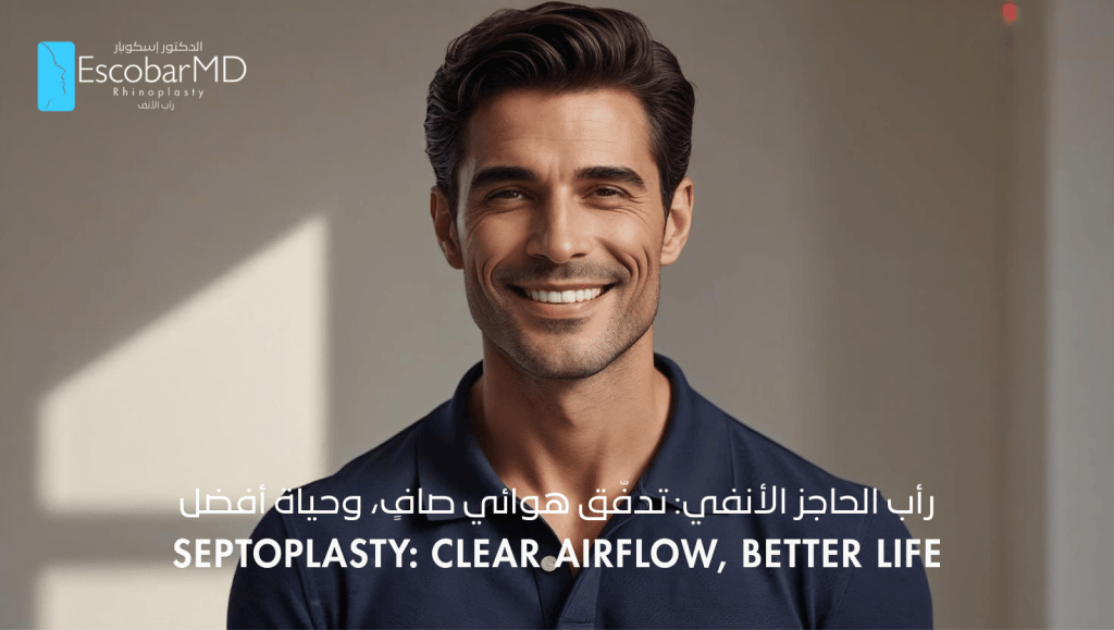 Septoplasty in Dubai with Dr. Escobar| Functional Nose Surgery 1 Portrait of a smiling man in a navy blue shirt, with promotional text about septoplasty and improved airflow overlaid on the image.