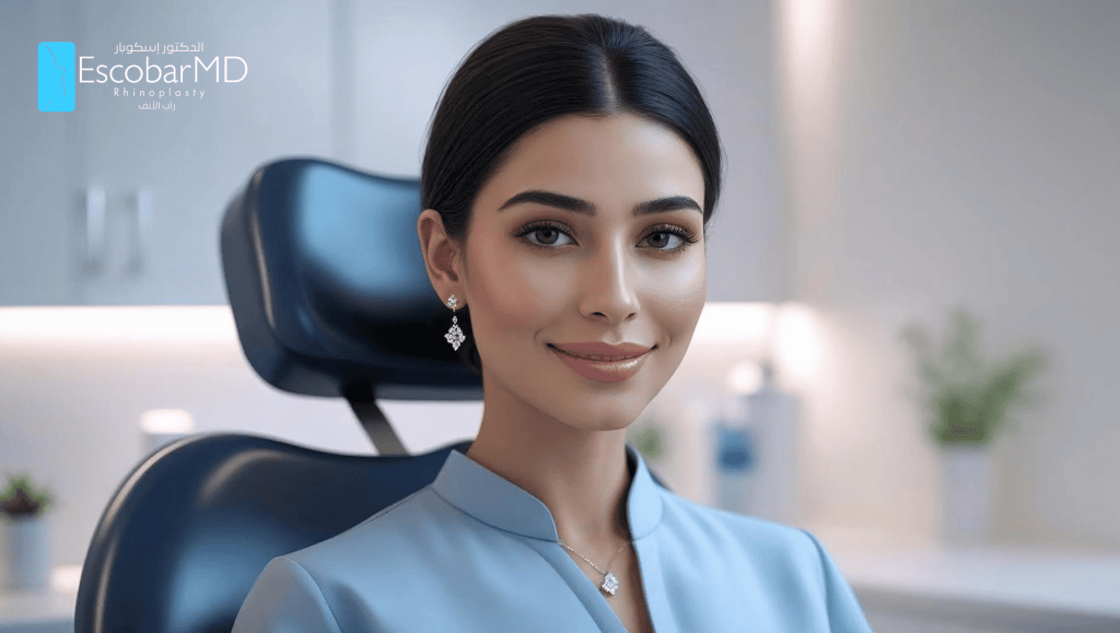 First Rhinoplasty Consultation in Dubai 8 A smiling woman with dark hair, wearing a blue outfit and earrings, seated in a modern consultation room for a rhinoplasty meeting.